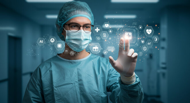 Innovative surgeon using AI in modern hospital to explore patient data with interactive interface for optimal health, offering next generation care