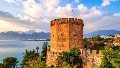 Ancient stone tower with flag overlooking blue sea under cloudy skies at sunset