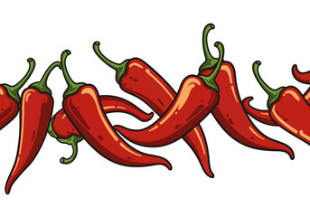 Cartoon Red Chili Peppers with Green Stems and Black Outlines.