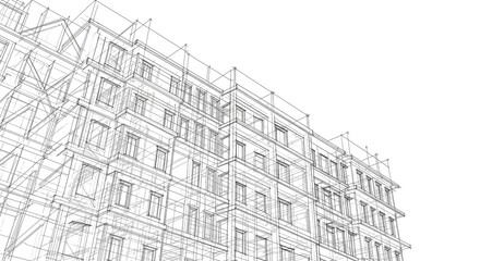 Architectural wireframe rendering of a multi-story building under construction with scaffolding.
