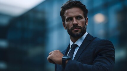 Obraz premium Businessman checking his watch in front of an office building