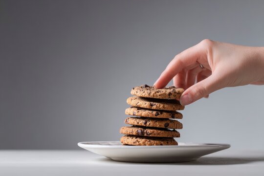 A hand reaches for the top cookie in a stack of chocolate chip cookies on a white plate set against a gradient gray background
