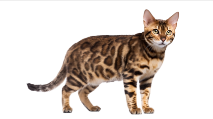 Bengal cat isolated on a white background full body in a photo studio with copy space for a text banner
