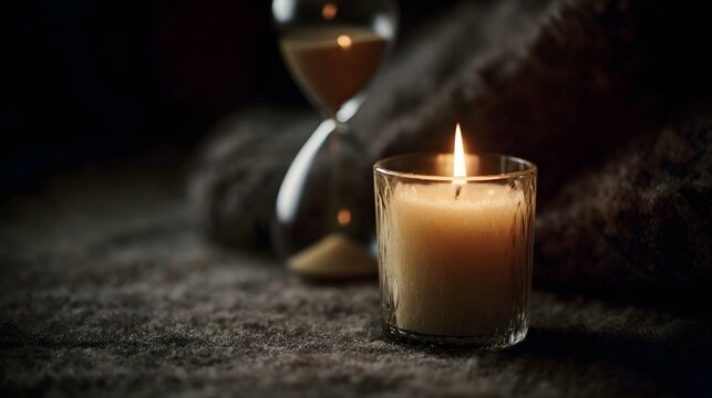 Candle flickering beside an hourglass symbolizing the fleeting nature of time