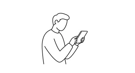A minimalist black and white line drawing of a faceless person holding and using a digital tablet.