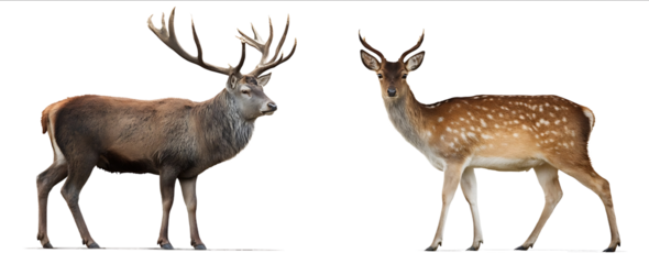 Photo of a red deer and fallow deer standing side by side isolated on a white background with a clipping path Fullbody portrait of the male animals in a natur