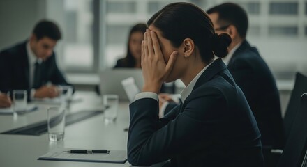 Stressed Businesswoman Covering Face in Meeting