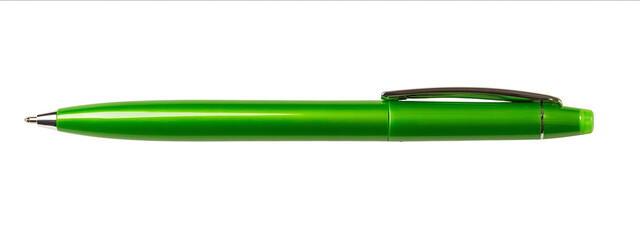 Photo of a green pen isolated on a white background with a clipping path Top view