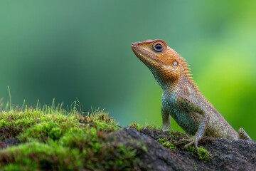 A lizard perches on a mossy rock gazing upward in a natural setting