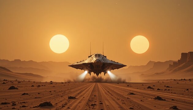 Futuristic spaceship taking off from a desert planet under a double sun, evoking adventure and exploration in a stunning landscape