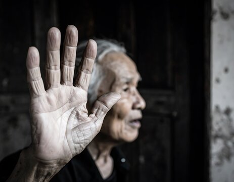 Elderly person's hand stopping