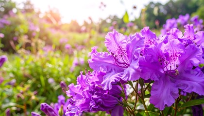 Obraz premium Lush purple azaleas bloom in a sun-drenched garden, showcasing vibrant colors and delicate textures.
