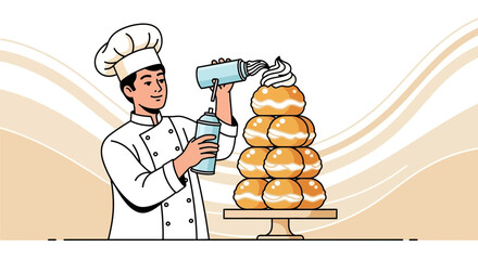 Artistic Chef Completing Tower Of Cream Puffs with Delicate Whipped Cream