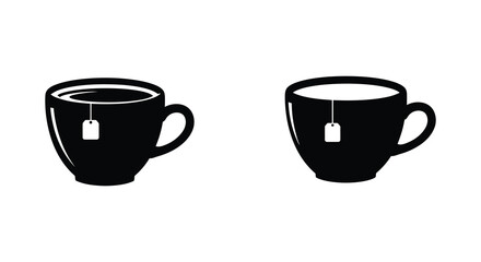 Two black silhouette tea cups with white tea bags inside