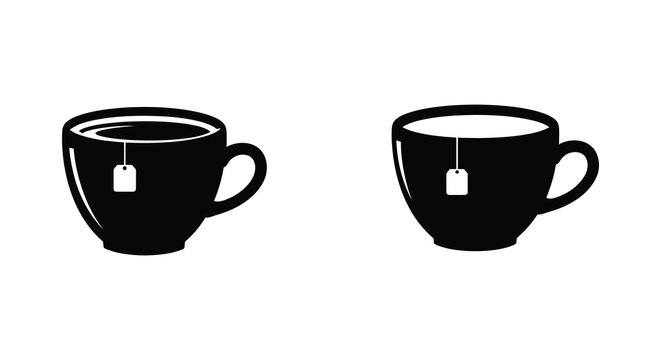 Two black silhouette tea cups with white tea bags inside