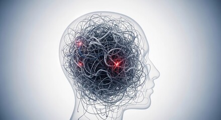 Abstract representation of a human head filled with chaotic wires  