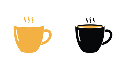 Two steaming coffee mugs in yellow and black on a white background