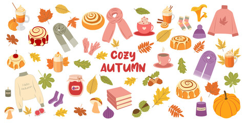 Big cozy autumn sets: leaves, harvest, warm clothes, cinnamon rolls, pumpkin latte in flat style. Fall vector illustration for banners, social media, cards