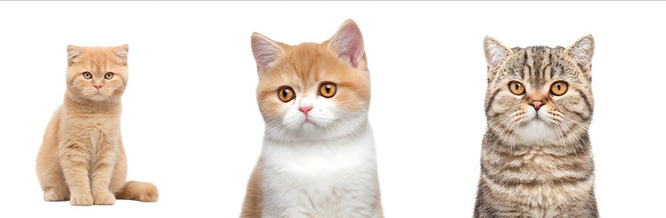 A set of three fulllength sideview photos the images show an adult red and white British Shorthair cat with golden eyes sitting on its hind legs isolated again