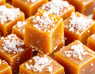 Salted caramel cubes with coarse salt crystals on top. AI