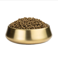A brass dog bowl filled with dry superfine dog food on a white background side view isolated hyperrealistic photograph