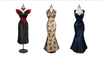 3 vintage dresses a black rockabilly dress with polka dots and a red bow a beige satin gown with a poodle print and a deep blue formfitting cocktail evening g