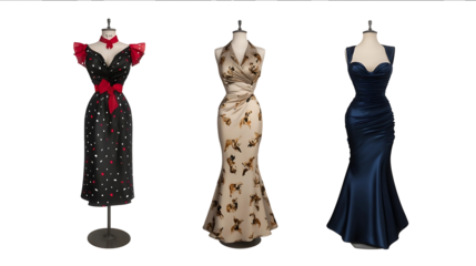 3 vintage dresses a black rockabilly dress with polka dots and a red bow a beige satin gown with a poodle print and a deep blue formfitting cocktail evening g