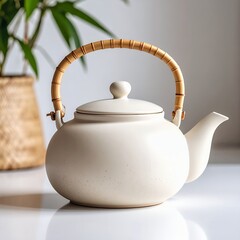 Elegant cream teapot with bamboo handle showcasing refined ceramic design on white background