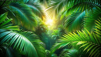 Fototapeta premium Lush green palm leaves in a tropical rainforest with bright sunlight