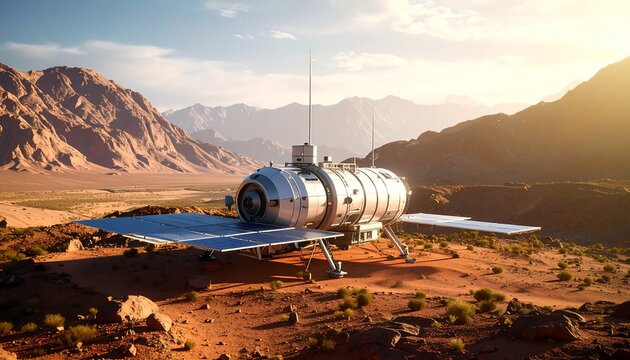 Martian lander on a desert landscape