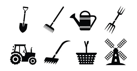 Farming and gardening tools icon set featuring shovel, rake, watering can, pitchfork, tractor, hoe, basket, and windmill silhouettes