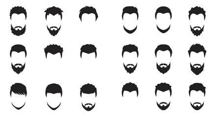 black and white icons of men s hairstyles and beards on a white background