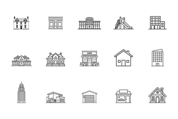 Architectural Lineup: A collection of detailed line art illustrations, each showcasing a unique building or structure, offers a clean and contemporary visual experience.
