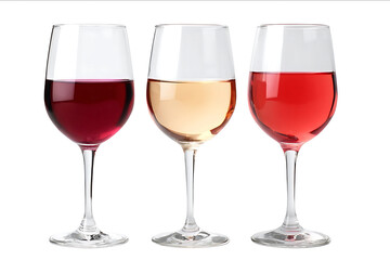 3 glasses of wine red white and rose isolated on a white background front view