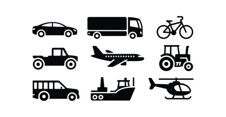 Transportation icon set featuring car, truck, bicycle, airplane, tractor, SUV, cargo ship, and helicopter in black silhouette style