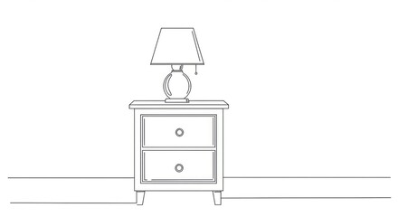 Line art illustration of a nightstand with two drawers and a table lamp on top, against a plain background.
