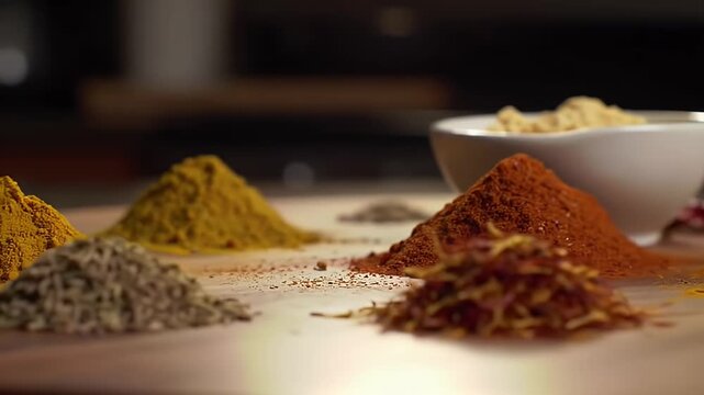 Vibrant Assortment of Aromatic Spices and Herbs Piled on a Wooden Surface for Culinary Use and Flavor Enhancement