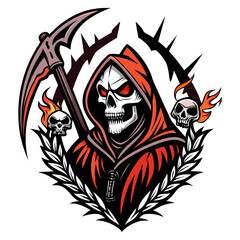 Halloween Grim Reaper Skull with Scythe and Fire Wings Vector Illustration