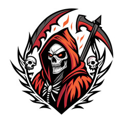 Halloween Grim Reaper Skull with Scythe and Fire Wings Vector Illustration