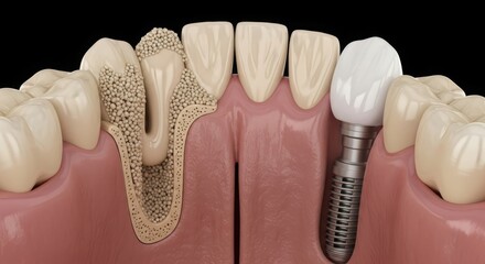 Close-up view of a dental implant placement and a natural tooth with gum recession demonstrating advanced periodontal disease and bone loss.