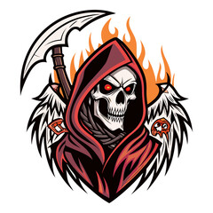 Halloween Grim Reaper Skull with Scythe and Fire Wings Vector Illustration
