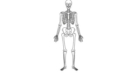 Anatomical line art illustration of a full human skeleton shown from an anterior view on a white background.