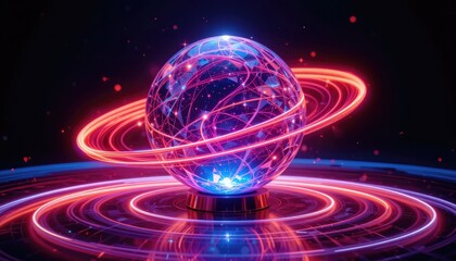 Dynamic 3D globe with glowing lines and rings, symbolizing global network, technology, and data visualization for modern business applications