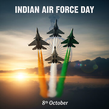 Indian air force day celebration with fighter jets and tricolor smoke trails