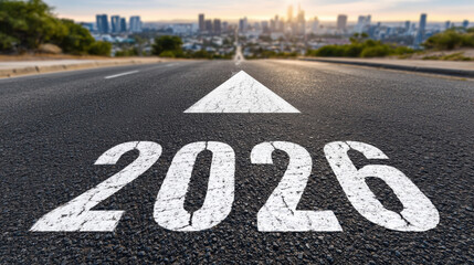 Straight road with the number 2026 and a large forward-pointing arrow symbolizing progress, future goals, and new beginnings, with a blurred city skyline and sunrise in the background