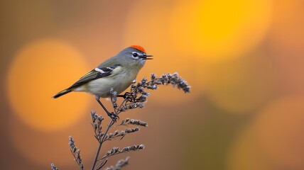 Ruby Crowned Kinglet perched on a seedhead against a soft colorful blurred background in autumn light nature photography