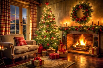 Christmas tree and fireplace in a cozy room decorated for the holidays