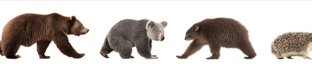 Side view of three animals walking a brown bear on the left a koala in the center and a hedgehog on the right side isolated on a white background realistic ph