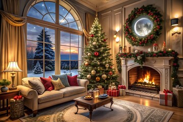 Cozy christmas living room with fireplace and decorated tree at dusk