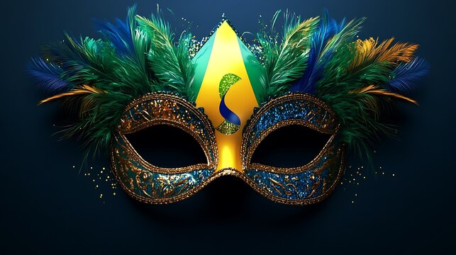 Elegant carnival mask with feathers and glitter on dark blue background photo